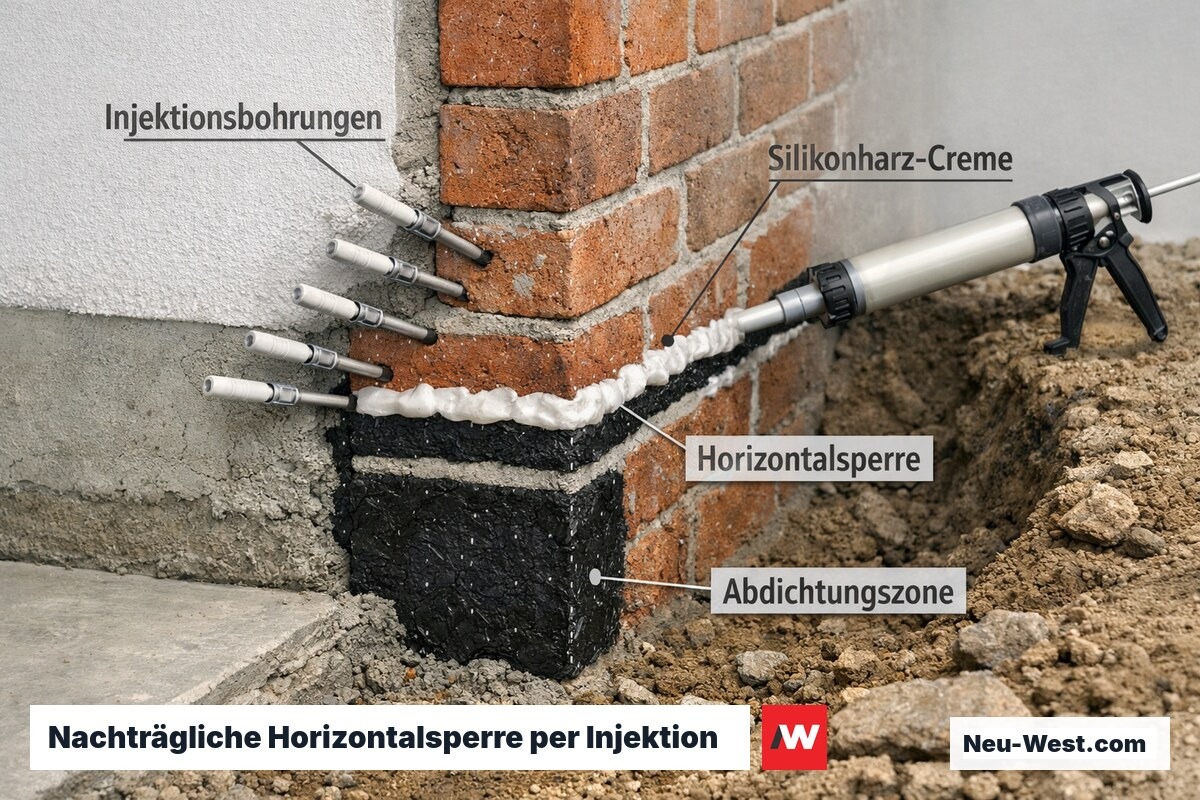 Querschnitt zeigt Injektionsverfahren zur nachträglichen Horizontalsperre mit Bohrungen in Mauerwerksfugen