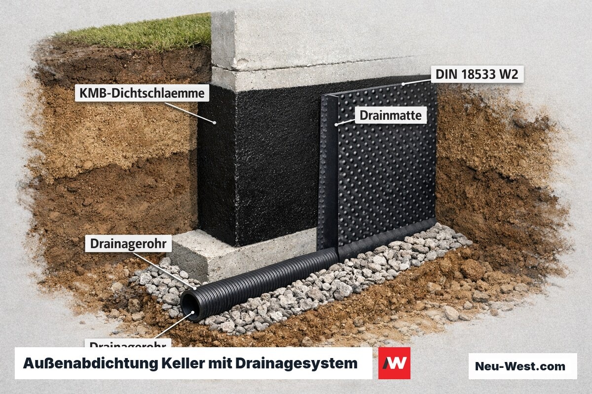 Außenwandquerschnitt Keller mit schwarzer Bitumendickbeschichtung, Drainagematte und Sohldrainagerohr nach DIN 18533