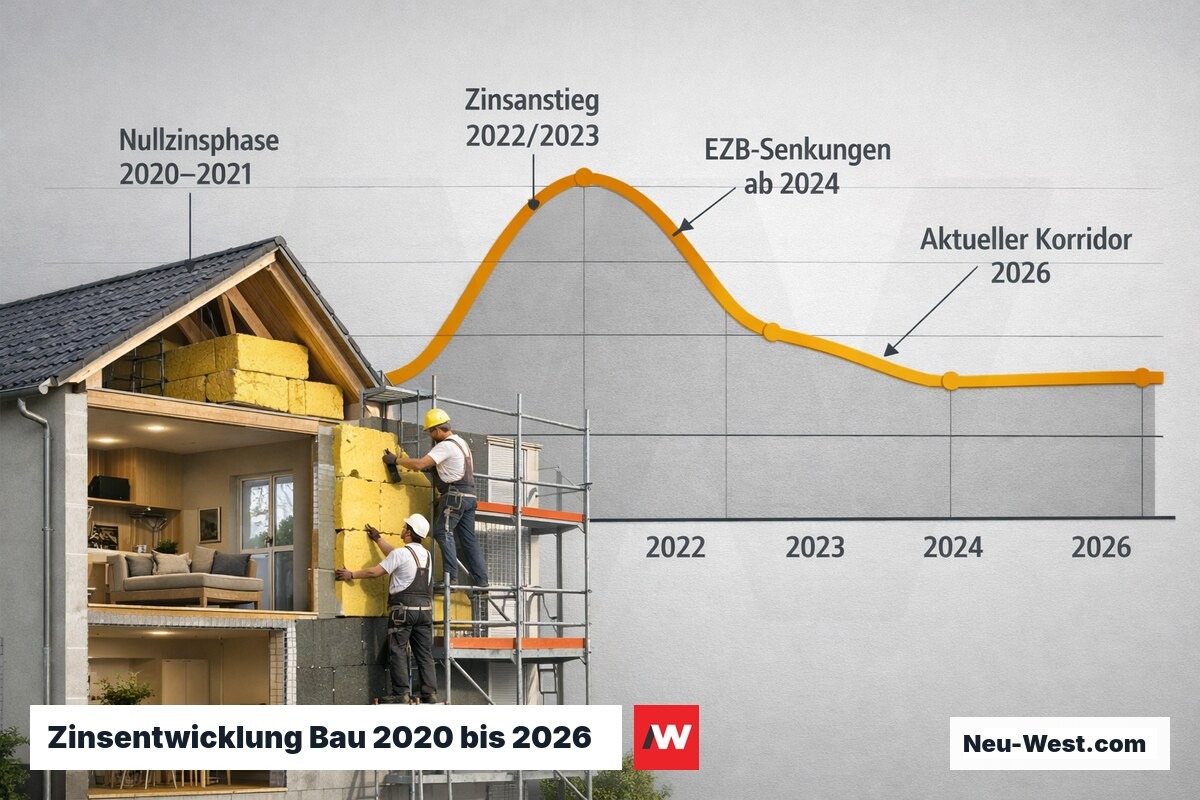 Zeitstrahl der Bauzinsentwicklung von 2020 bis 2026 mit Wohngebäude-Querschnitt und Renovierungsarbeiten im Hintergrund