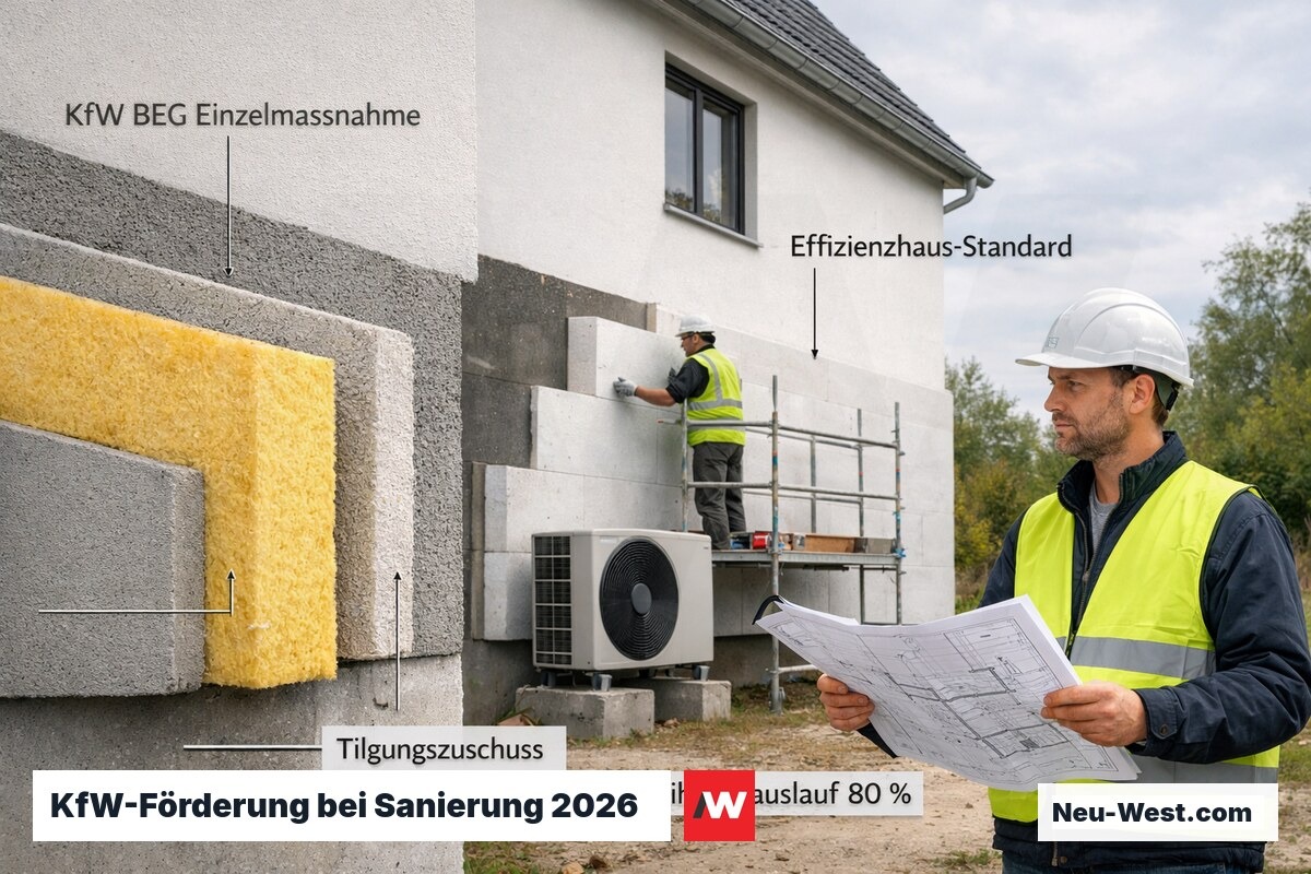 Fassadensanierung mit Wärmedämmung und Wärmepumpe als Beispiel für KfW-geförderte Einzelmaßnahmen