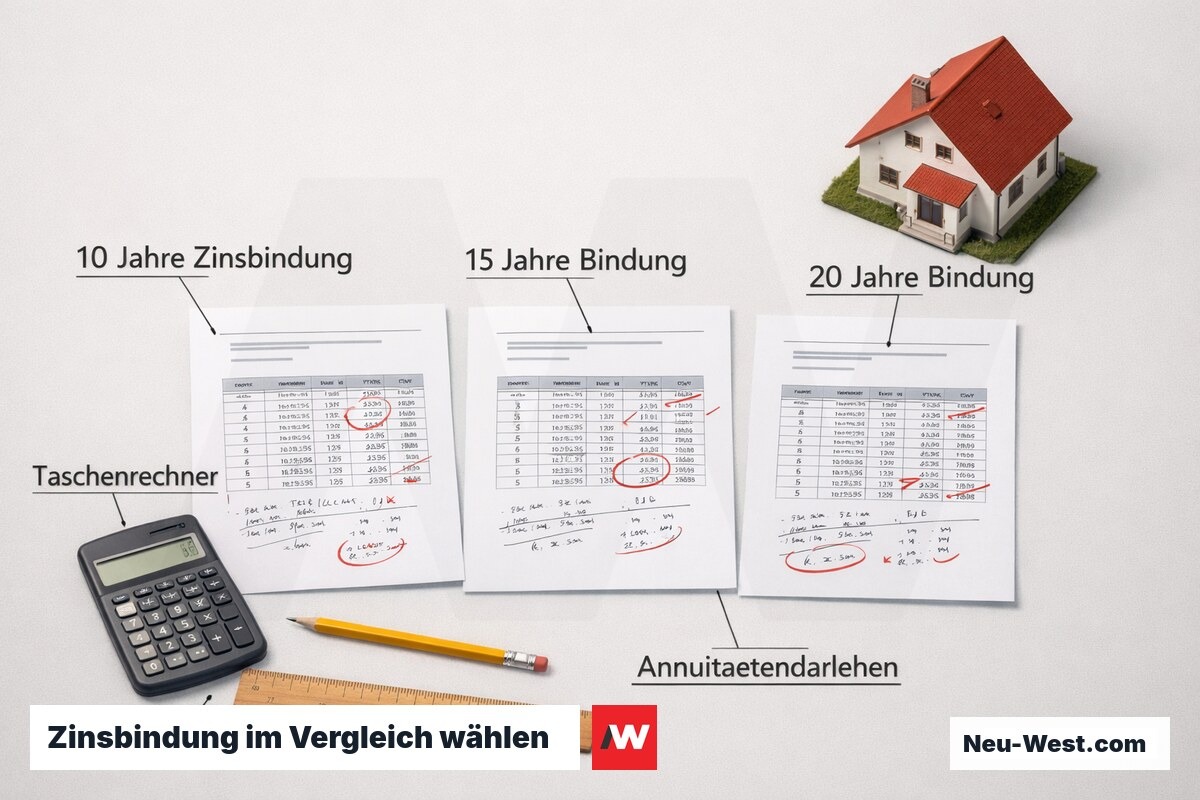 Draufsicht auf Finanzierungsunterlagen mit Haumodell und Taschenrechner zeigt Vergleich verschiedener Zinsbindungszeiträume