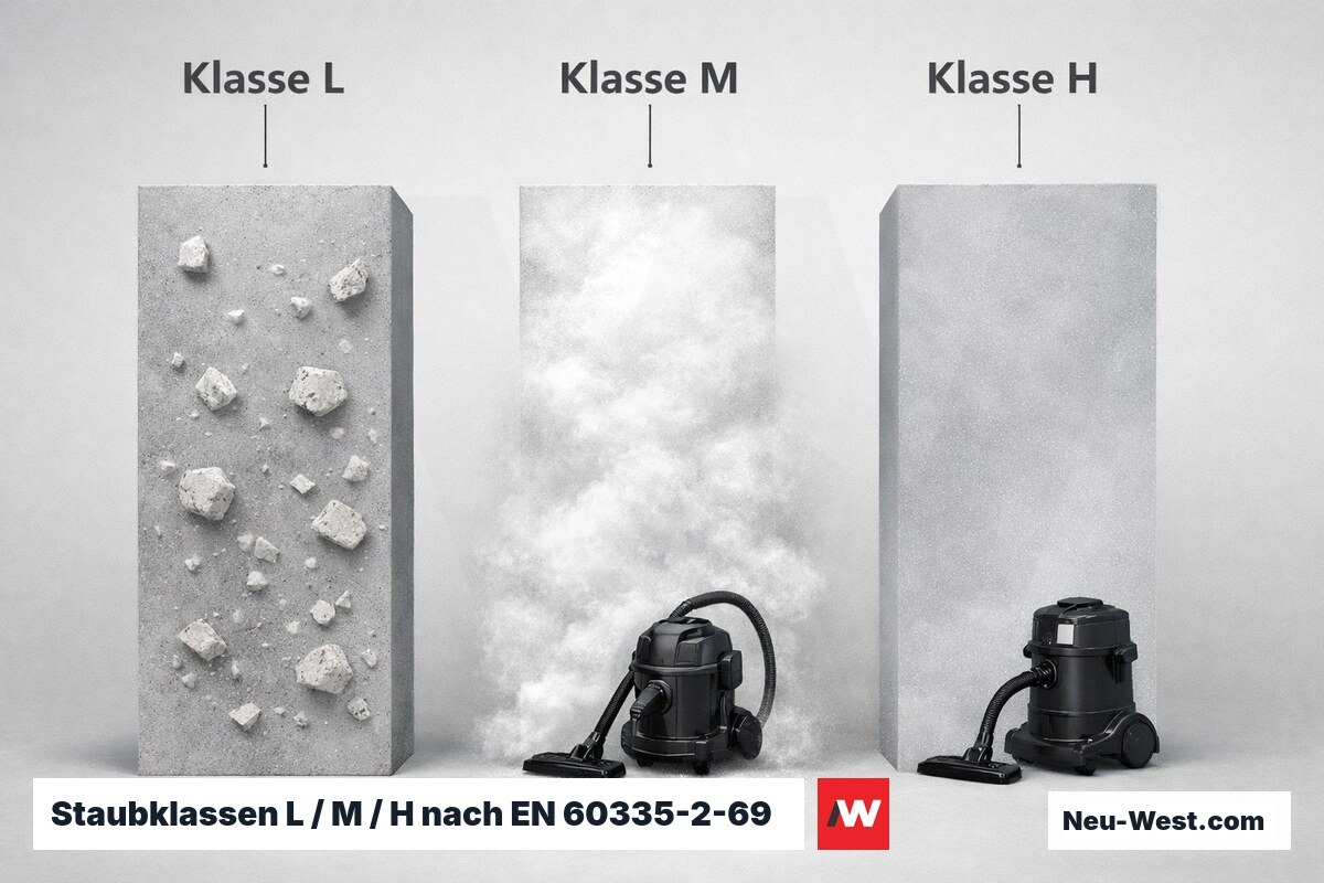 Staubklassen L / M / H nach EN 60335-2-69 – Erklär-Grafik (NEUWEST Berlin)