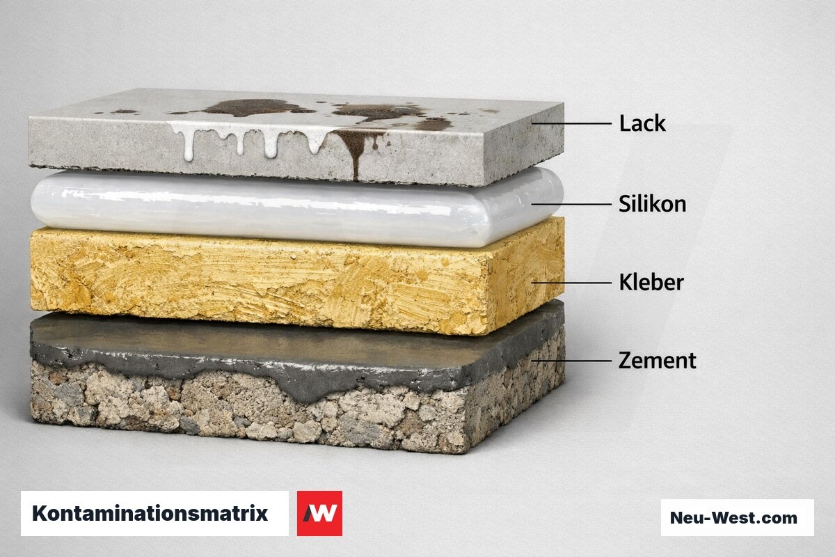 Kontaminationsmatrix: Gewerk-Rückstände und Folgeschäden – Erklär-Grafik (NEUWEST Berlin)