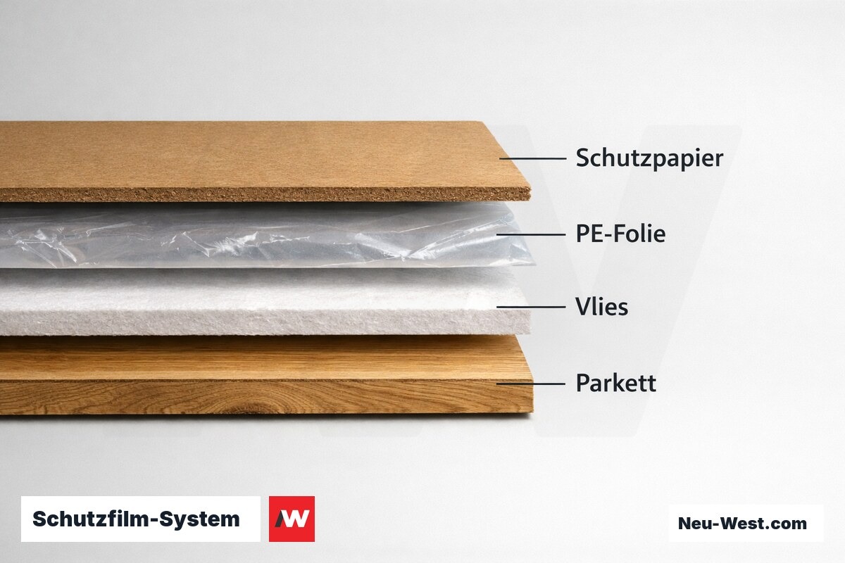 Schutzfilm-System nach der Bauzwischenreinigung – Erklär-Grafik (NEUWEST Berlin)