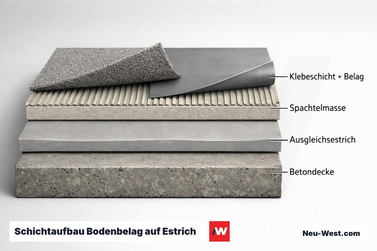 Querschnitt-Schichtaufbau eines verklebten Bodenbelags: Betondecke, Estrich, Spachtelmasse, Klebeschicht mit Teppich- und Vinylbelag.