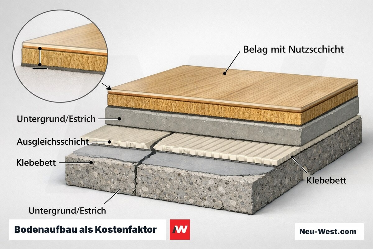 Querschnitt eines Bodenaufbaus mit Untergrund, Ausgleichsschicht, Klebebett und Belag – zeigt die kostenrelevanten Schichten.
