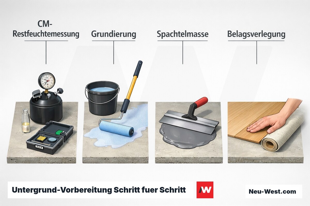 Prozess-Sequenz der Untergrundvorbereitung: Restfeuchtemessung, Grundierung, Spachtelung und Verlegung des Bodenbelags auf Estrich.