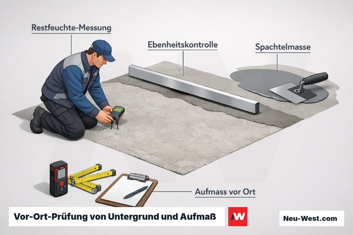 Isometrische Illustration eines Vor-Ort-Termins: Techniker misst Estrich-Restfeuchte, prüft Ebenheit mit Richtlatte, spachtelt Ausgleichsmasse und nimmt Aufmaß.