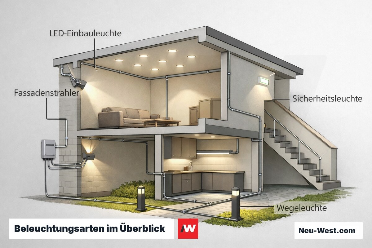 Gebäude-Querschnitt mit Grund-, Arbeits-, Sicherheits- und Außenbeleuchtung samt Verkabelung vom Verteiler zu den Leuchten.