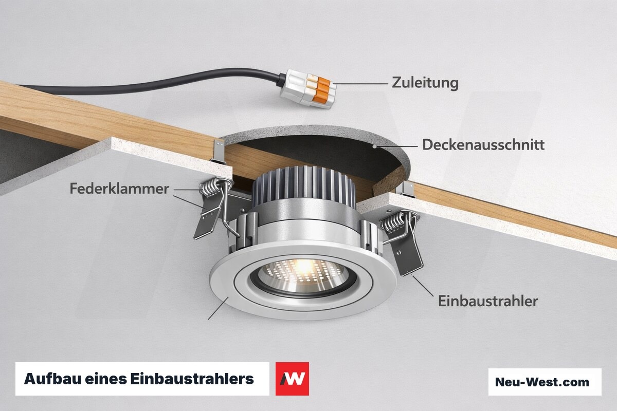 Querschnitt eines LED-Einbaustrahlers in einer Gipskartondecke mit Federklammern, Deckenausschnitt und Zuleitung.