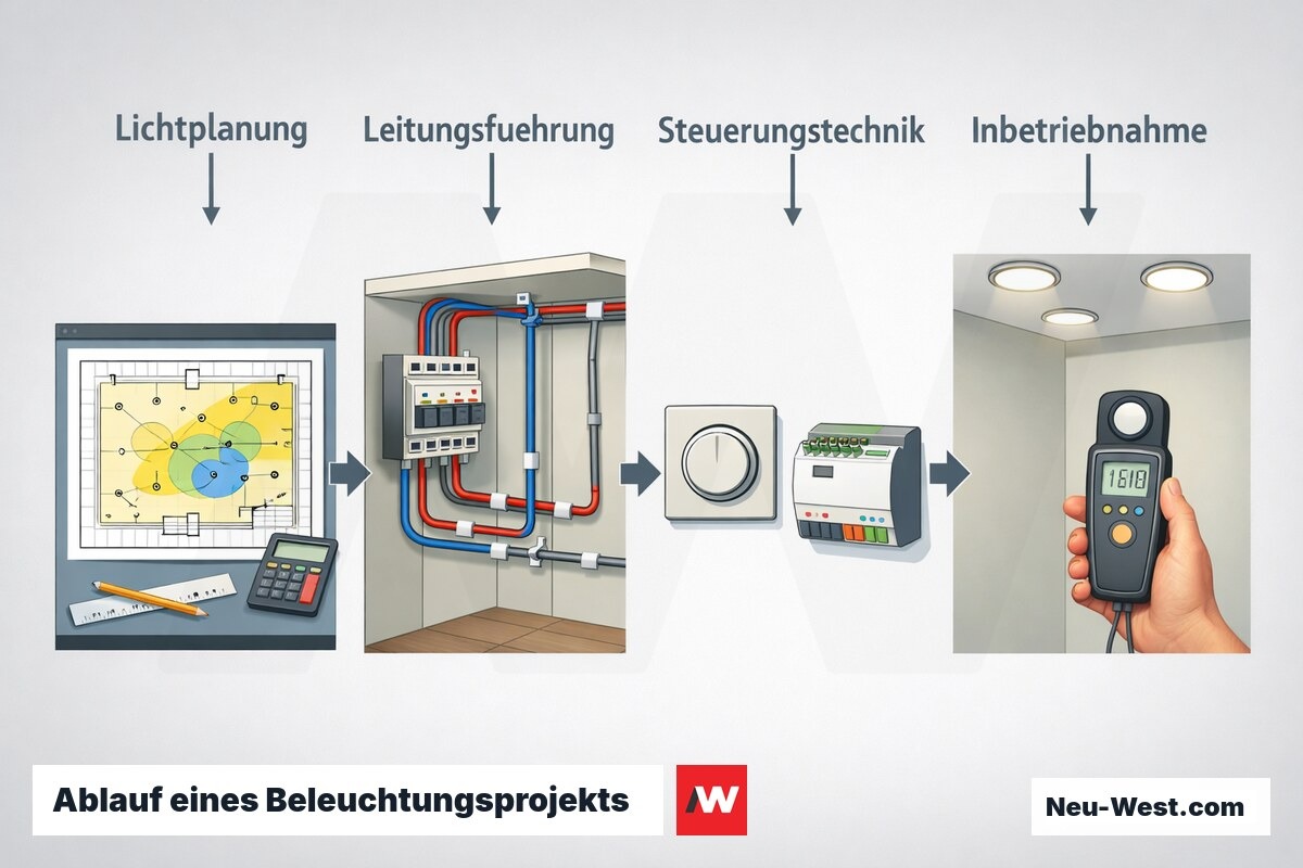Prozessdiagramm eines Beleuchtungsprojekts in vier Schritten: Lichtplanung, Leitungsfuehrung, Steuerungstechnik und Inbetriebnahme der LED-Leuchten.