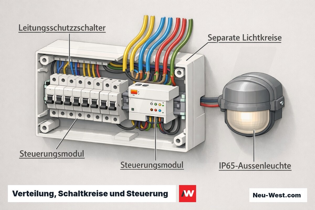 Cutaway eines Verteilerkastens mit Sicherungsautomaten, mehreren separaten Lichtkreisen, Steuerungsmodul und Zuleitung zu einer IP65-Außenleuchte.