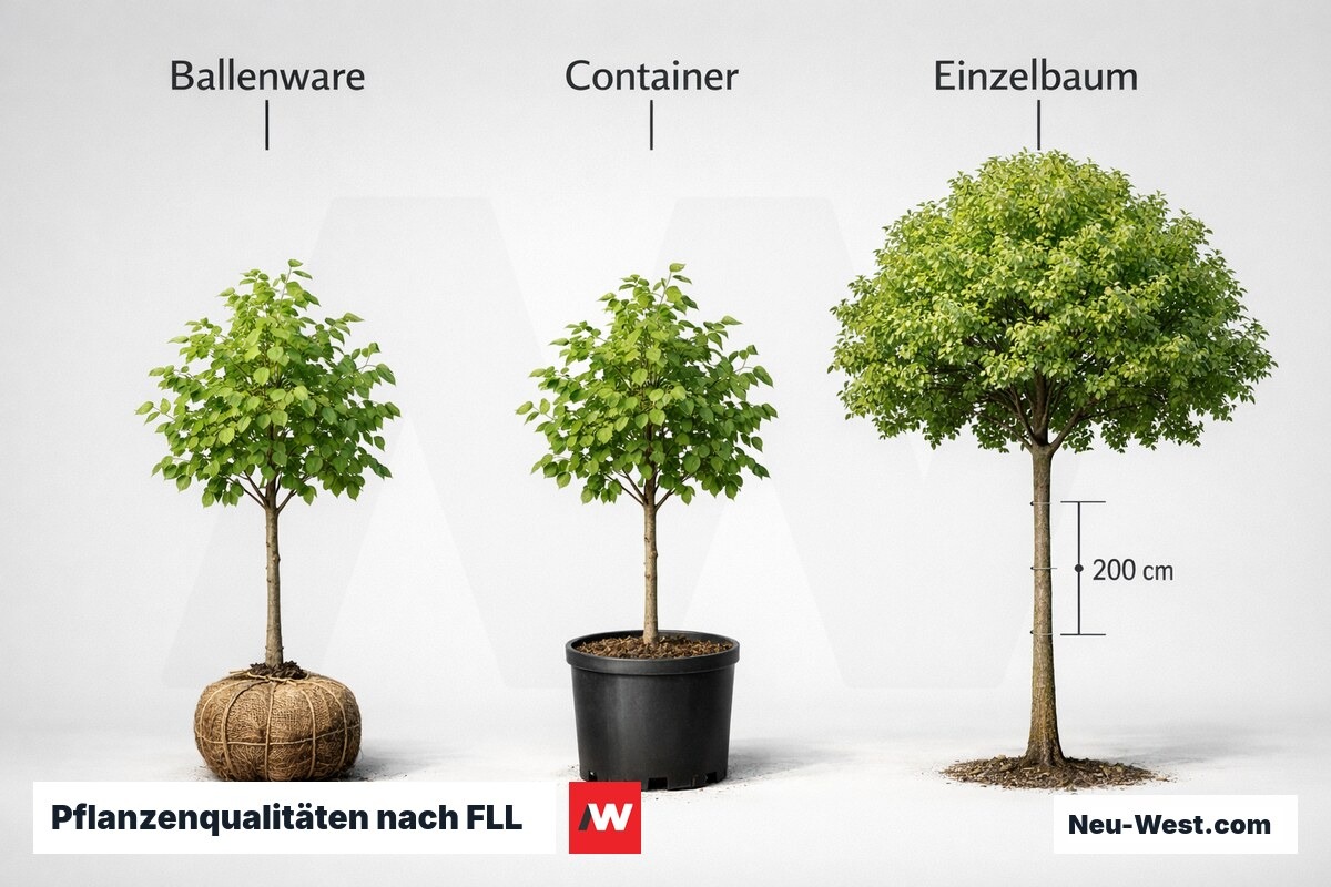 Pflanzenqualitäten nach FLL: Ballenware, Container und Solitär im Vergleich – Erklär-Grafik (NEUWEST Berlin)