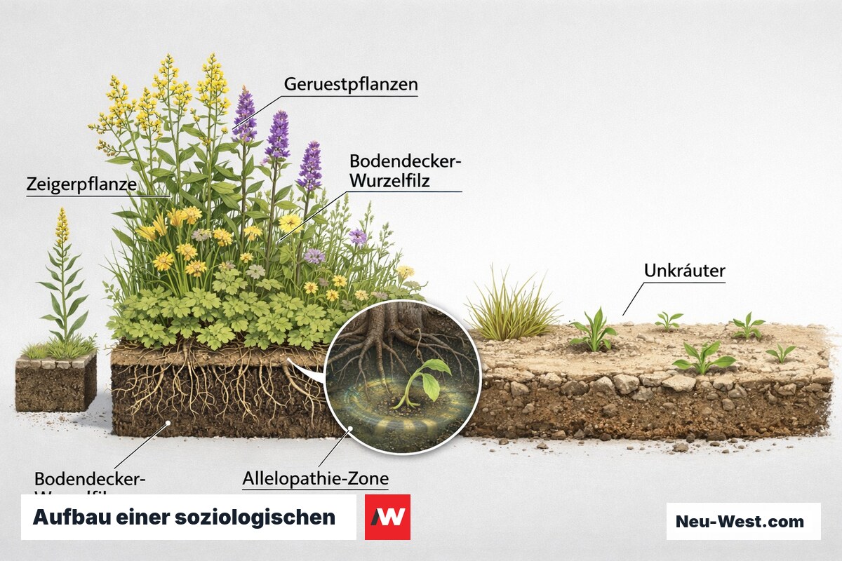 Querschnitt einer naturnahen Pflanzgemeinschaft mit Gerüstpflanzen, Wurzelfilz, Allelopathie-Zone und Zeigerpflanze gegenüber lückiger Monokultur.