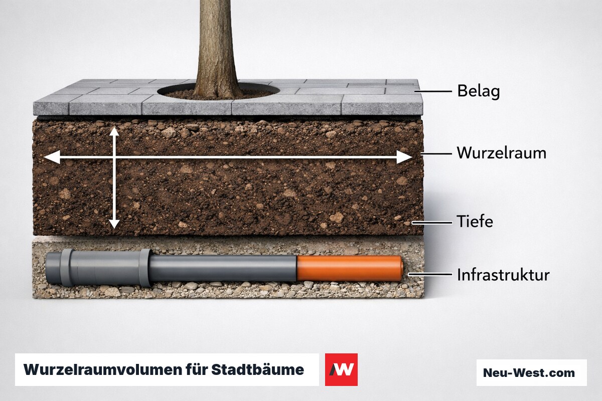 Wurzelraumvolumen für Stadtbäume: Raumanforderungen nach FLL-Empfehlung je Stammumfangklasse – Erklär-Grafik (NEUWEST Berlin)