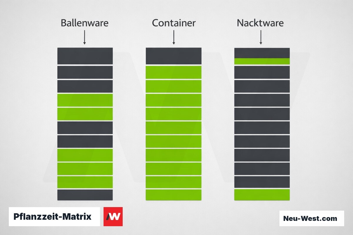 Pflanzzeit-Matrix: Optimale Pflanzfenster nach Wurzeltyp im Jahresverlauf – Erklär-Grafik (NEUWEST Berlin)