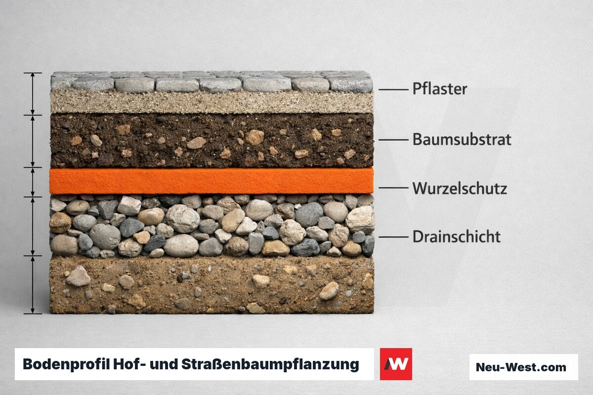 Bodenprofil Hof- und Straßenbaumpflanzung: Substrataustausch, Drainageschicht und Wurzelschutzfolie im Schnitt – Erklär-Grafik (NEUWEST Berlin)
