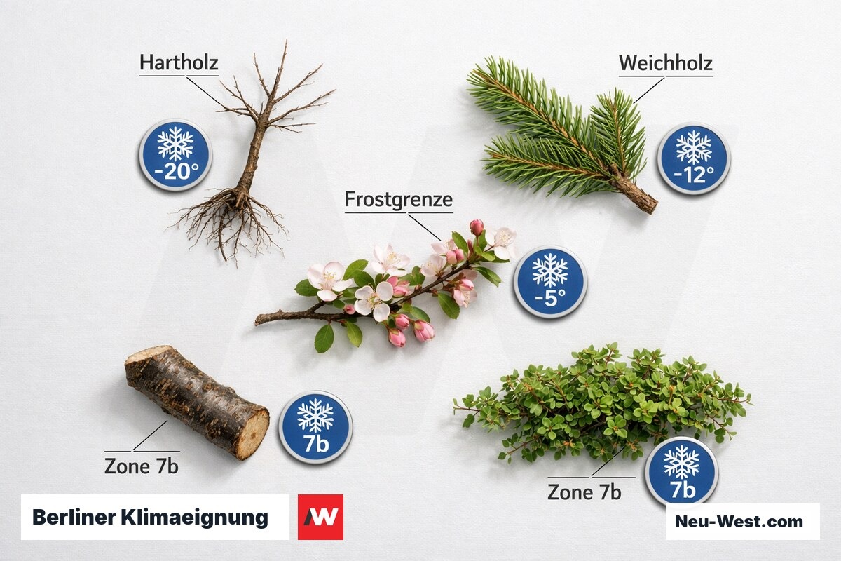 Berliner Klimaeignung: Frosttoleranz von Zier- und Nutzgehölzen in USDA-Härtezone 7b – Erklär-Grafik (NEUWEST Berlin)