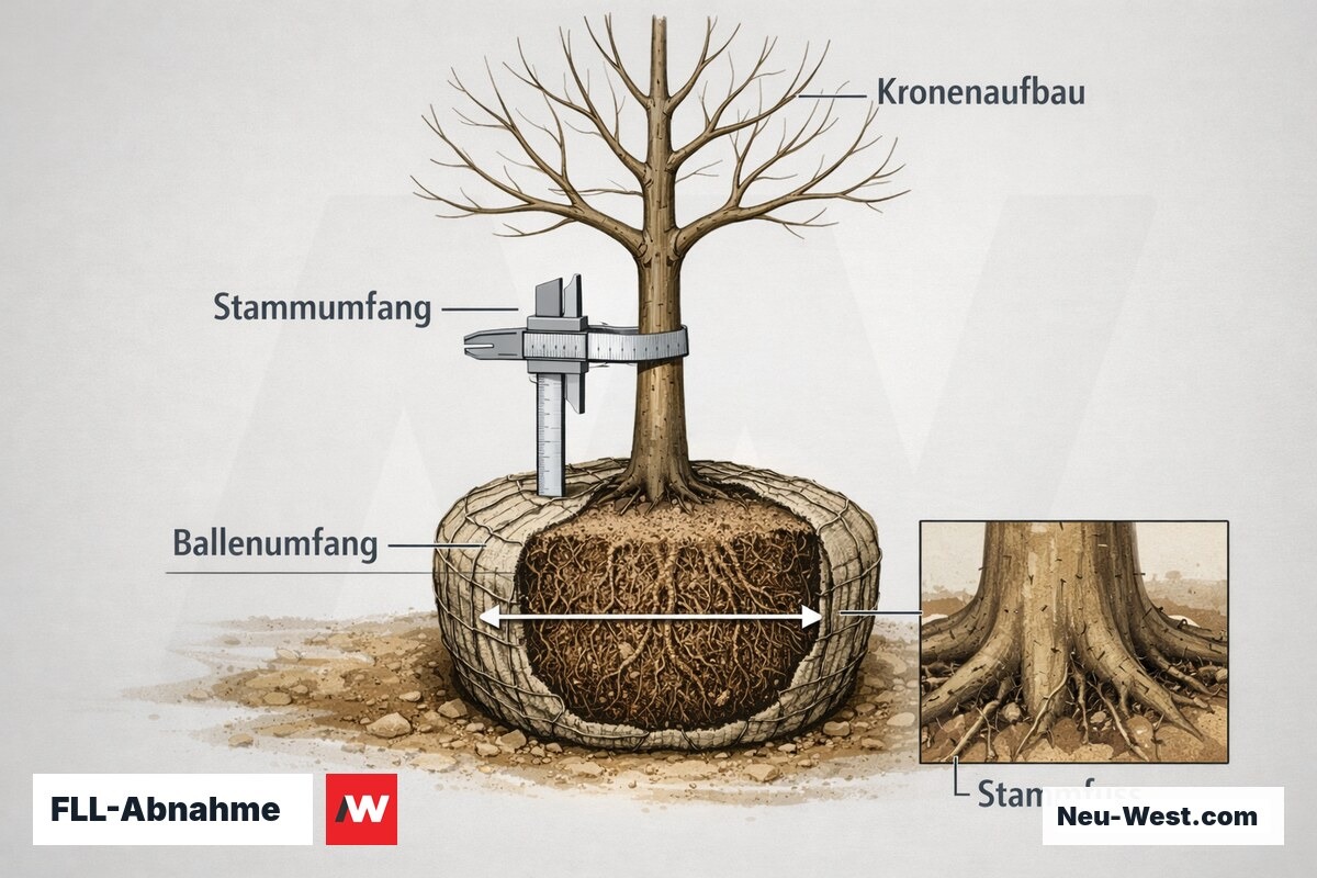 Querschnitt eines Baumballens mit Messlinien für Ballen- und Stammumfang, Stammfuß und Kronenaufbau zur FLL-Abnahmeprüfung.