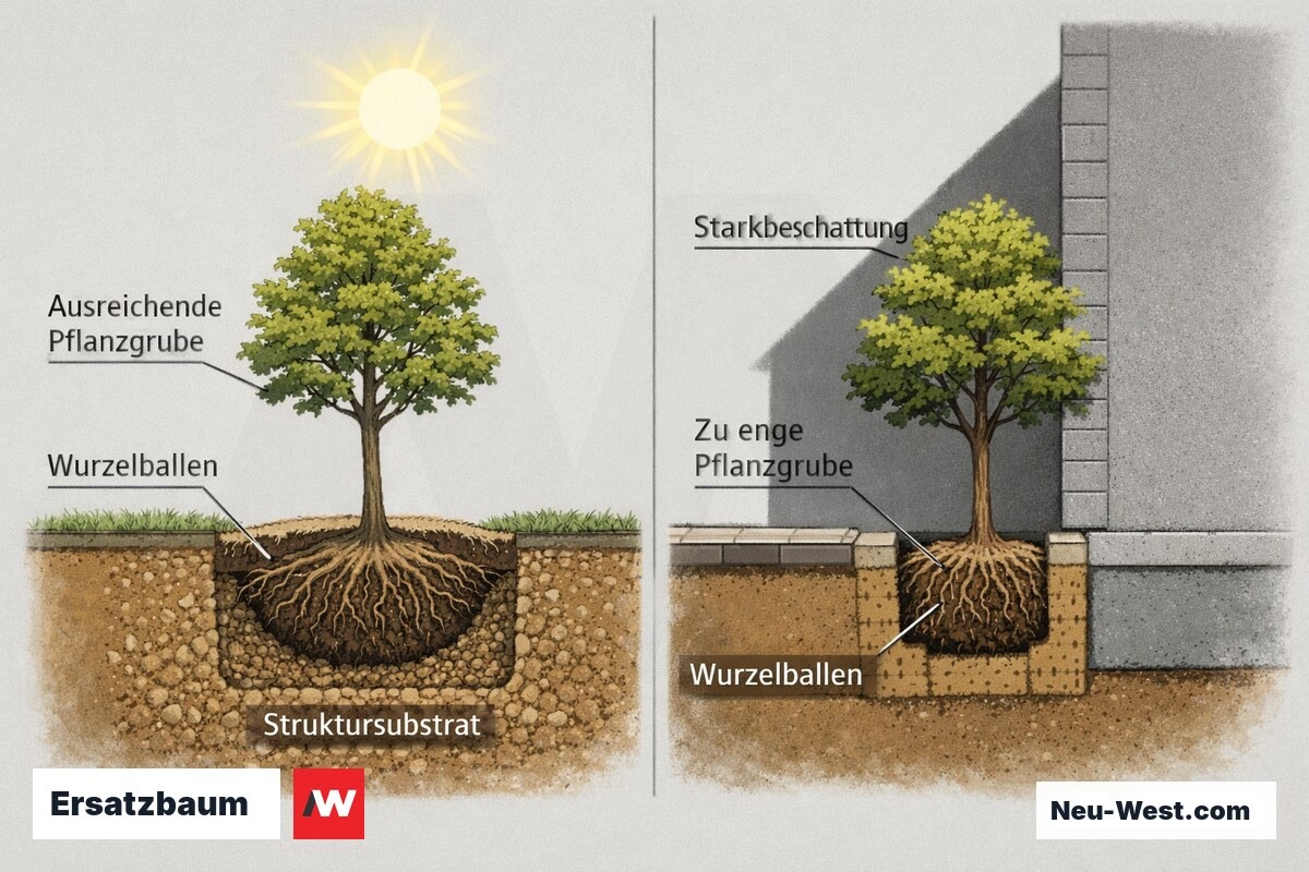 Querschnitt-Vergleich zweier Ersatzbaum-Pflanzungen: ausreichend große Pflanzgrube mit Sonne gegenüber zu enger Grube mit Starkbeschattung durch Gebäude.