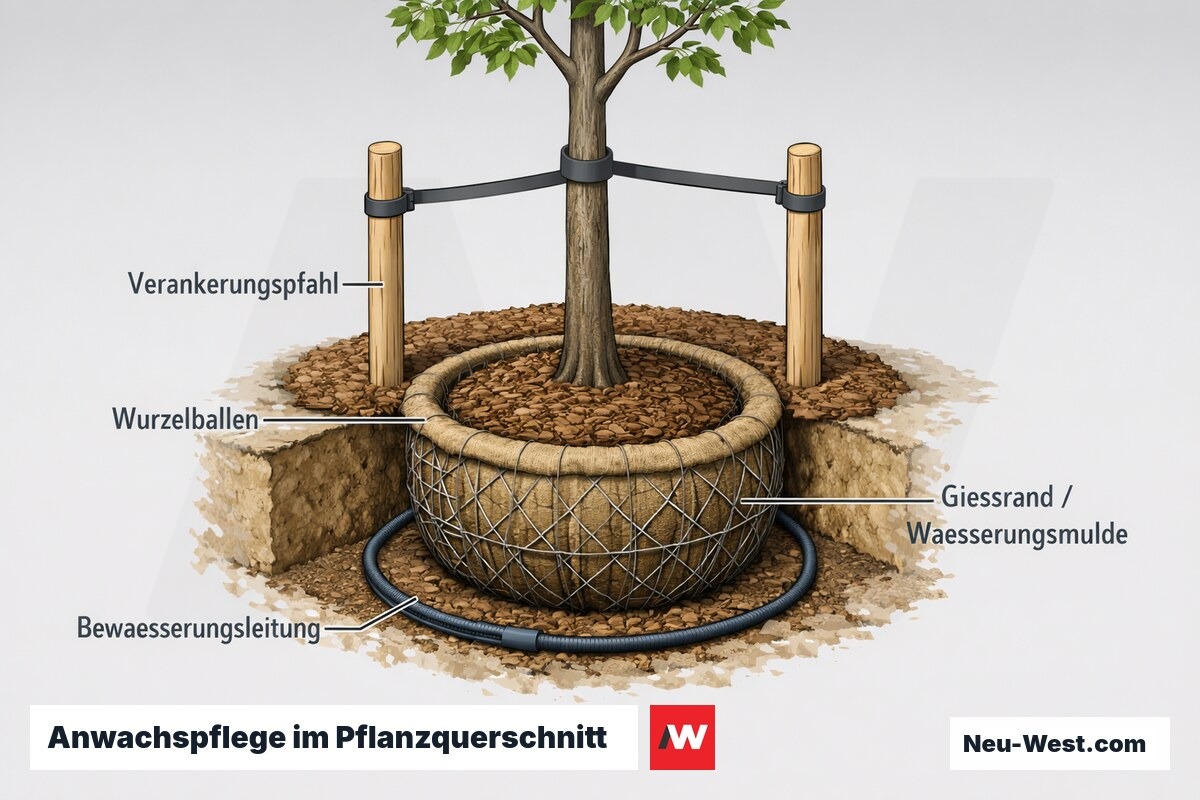 Querschnitt einer Neupflanzung mit Wurzelballen, Gießrand, Verankerungspfahl und Bewässerungsleitung zur Sicherung des Anwachsens.