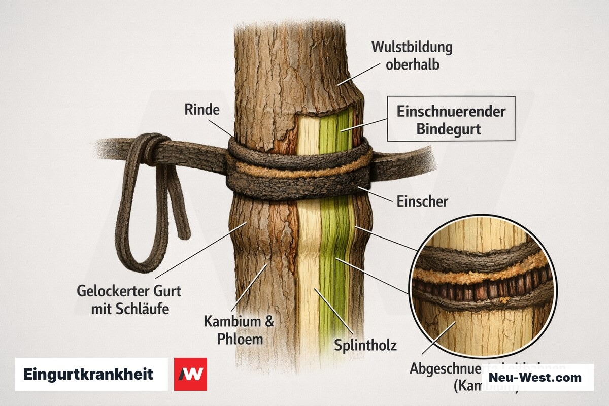 Querschnitt eines Jungbaumstamms: einschnürender Kokos-Gummi-Bindegurt drückt in die Rinde und schädigt die Leitbahnen, daneben gelockerter Gurt.