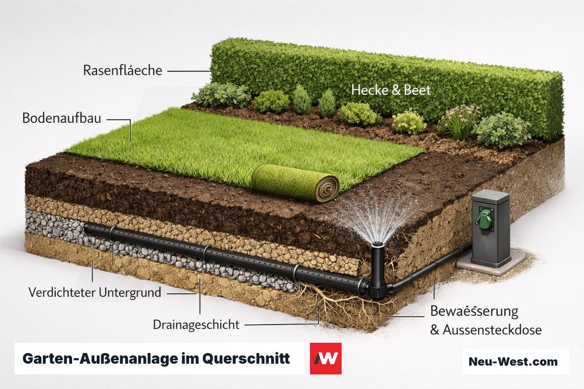Querschnitt einer Garten-Außenanlage mit Bodenaufbau, Rasen, Hecke und Beet sowie Bewässerungsleitung und Außensteckdose.