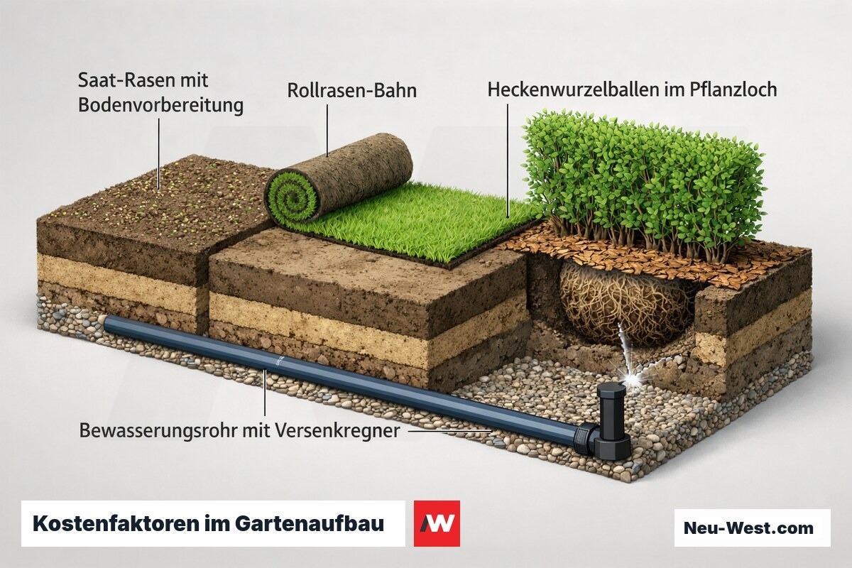 Querschnitt zeigt Saat-Rasen, Rollrasen, Heckenwurzelballen und unterirdisches Bewässerungsrohr mit Versenkregner als Kostenfaktoren.