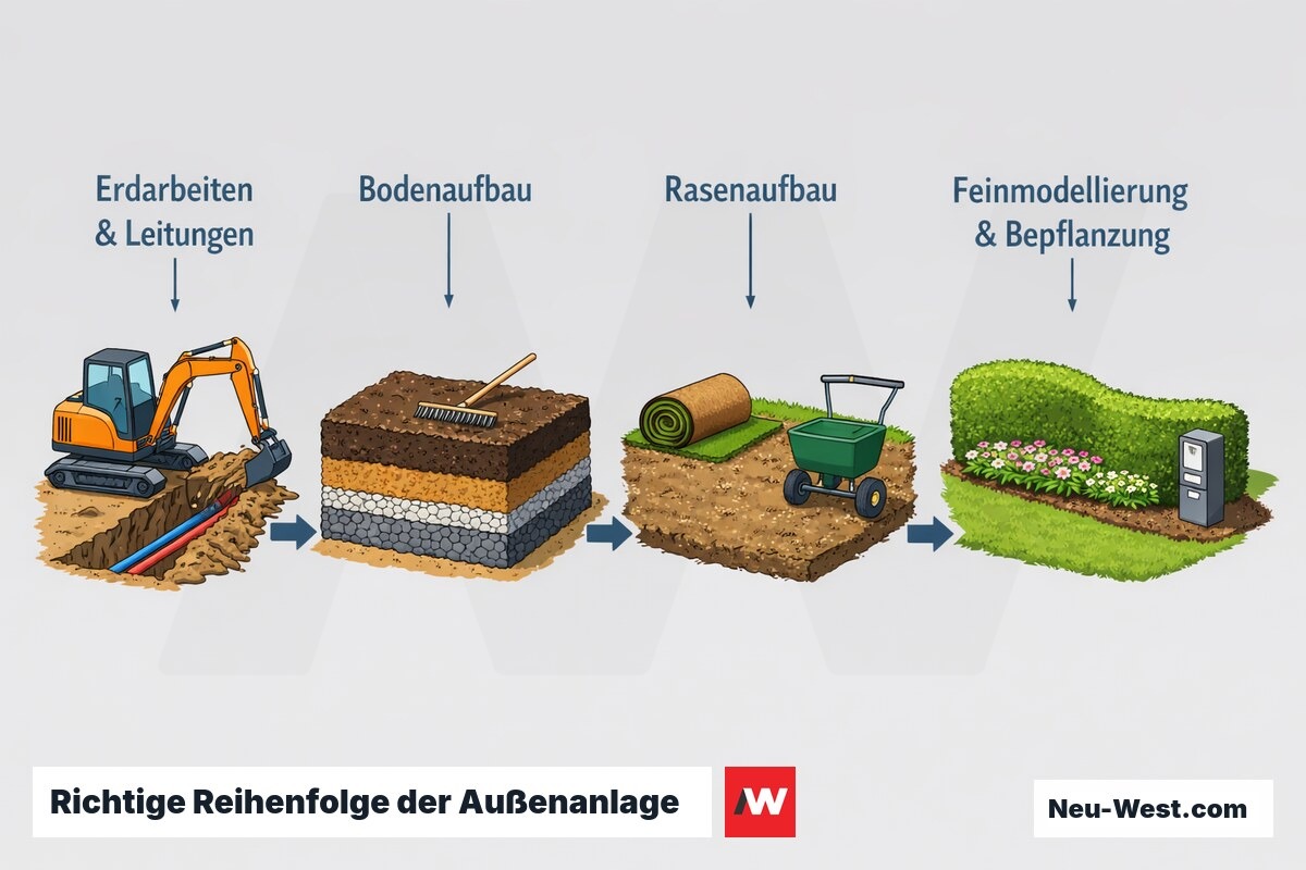 Prozess-Sequenz der Außenanlagen-Erstellung: Erdarbeiten mit Leitungen, Bodenaufbau, Rasenaufbau und Feinmodellierung mit Bepflanzung.