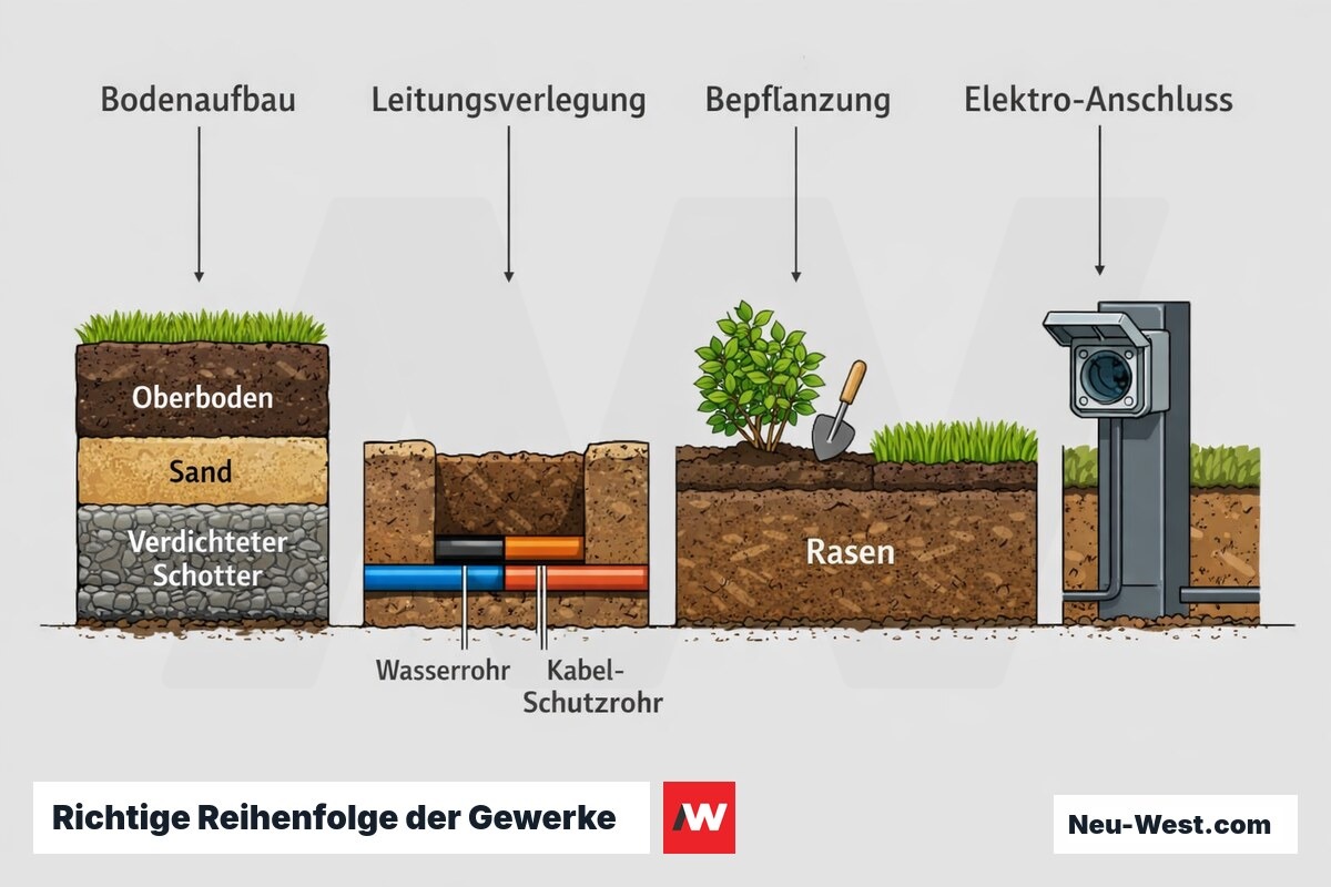 Prozess-Illustration der Gewerke-Reihenfolge: Bodenaufbau, Verlegung von Bewaesserungs- und Elektroleitungen, Bepflanzung und Anschluss der Aussensteckdose.