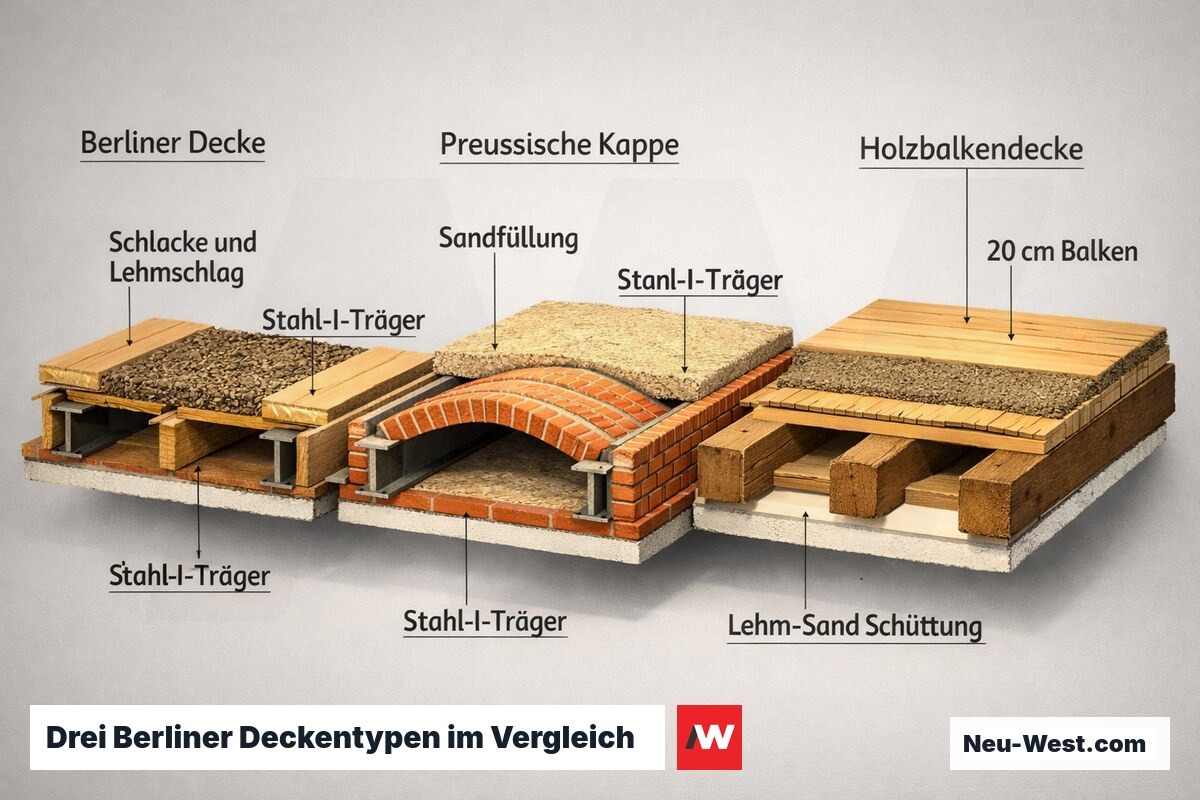 Querschnitt zeigt Berliner Decke, Preußische Kappe und Holzbalkendecke nebeneinander mit typischen Materialschichten und Trägerkonstruktionen