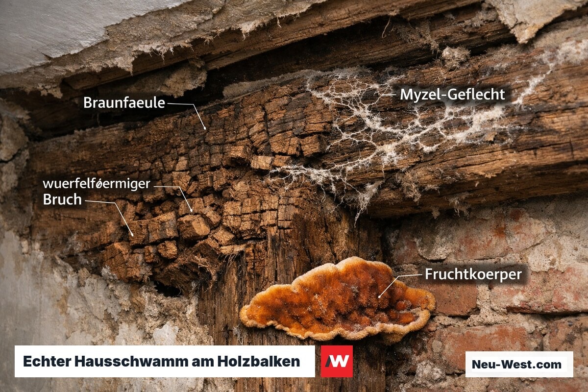 Detailaufnahme eines Holzbalkens mit Braunfäule, weißem Myzel und orangebraunem Serpula-lacrymans-Fruchtkörper als Warnsignal