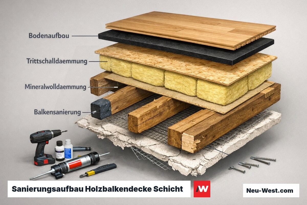 Explosionsdarstellung zeigt alle Sanierungsschichten einer historischen Holzbalkendecke von Putzdecke bis Fertigboden