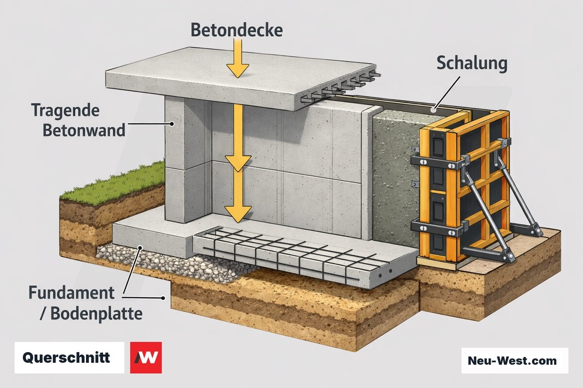 Querschnitt eines Gebaeudes zeigt Fundament, Bodenplatte, tragende Betonwand, Betondecke und Schalung mit Lastabtrag in den Baugrund.