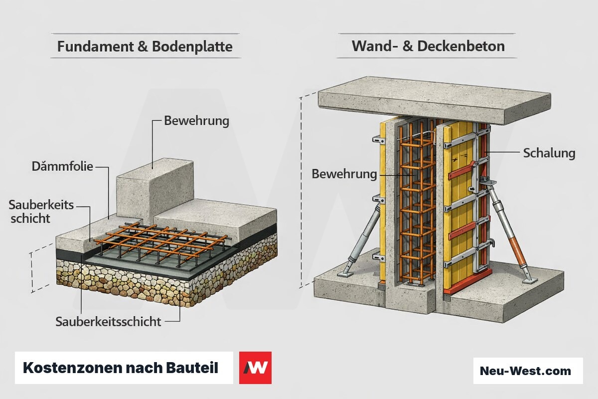 Querschnitt-Diagramm vergleicht Fundament/Bodenplatte und Wand-/Deckenbeton mit Bewehrung und Schalung als getrennte Kostenzonen.