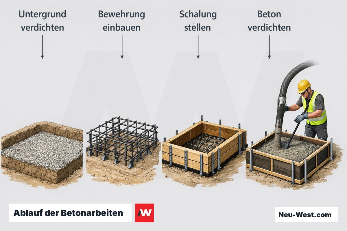 Prozess-Sequenz der Betonarbeiten in vier Schritten: Untergrund verdichten, Bewehrung einbauen, Schalung stellen sowie Beton einbringen und verdichten.