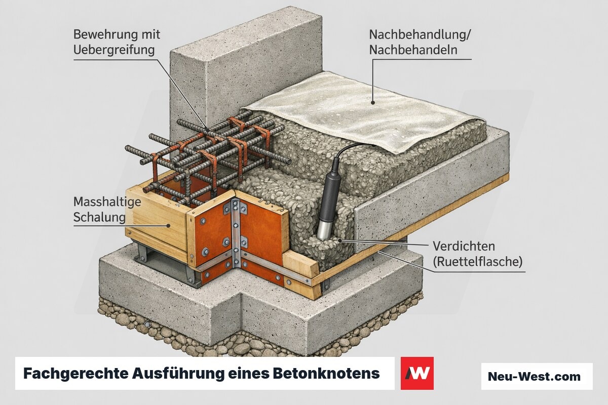 Axonometrischer Schnitt eines Stahlbeton-Anschlusses mit Bewehrung, Schalung, Verdichten per Rüttelflasche und Nachbehandlung der Betonoberfläche.