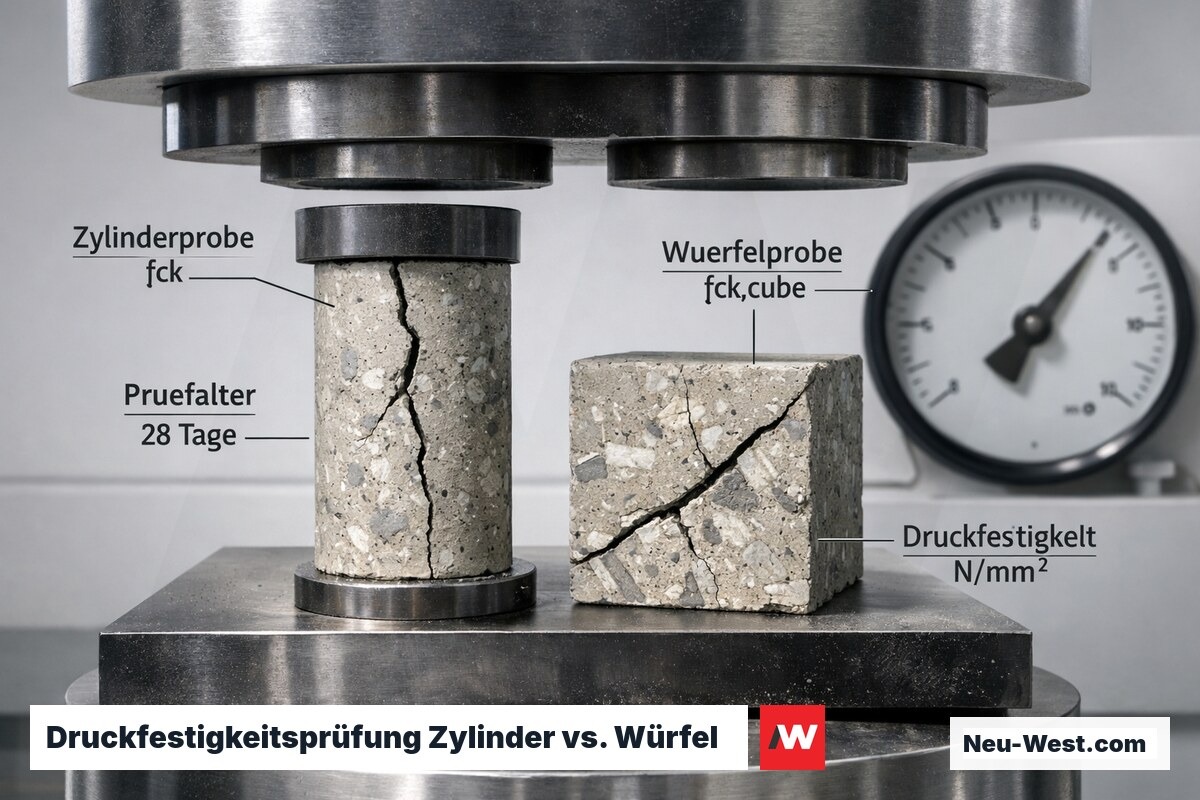 Laborprüfung: Betonzylinder und Betonwürfel unter Druckpresse, Rissbildung sichtbar, technische Messgeräte im Hintergrund