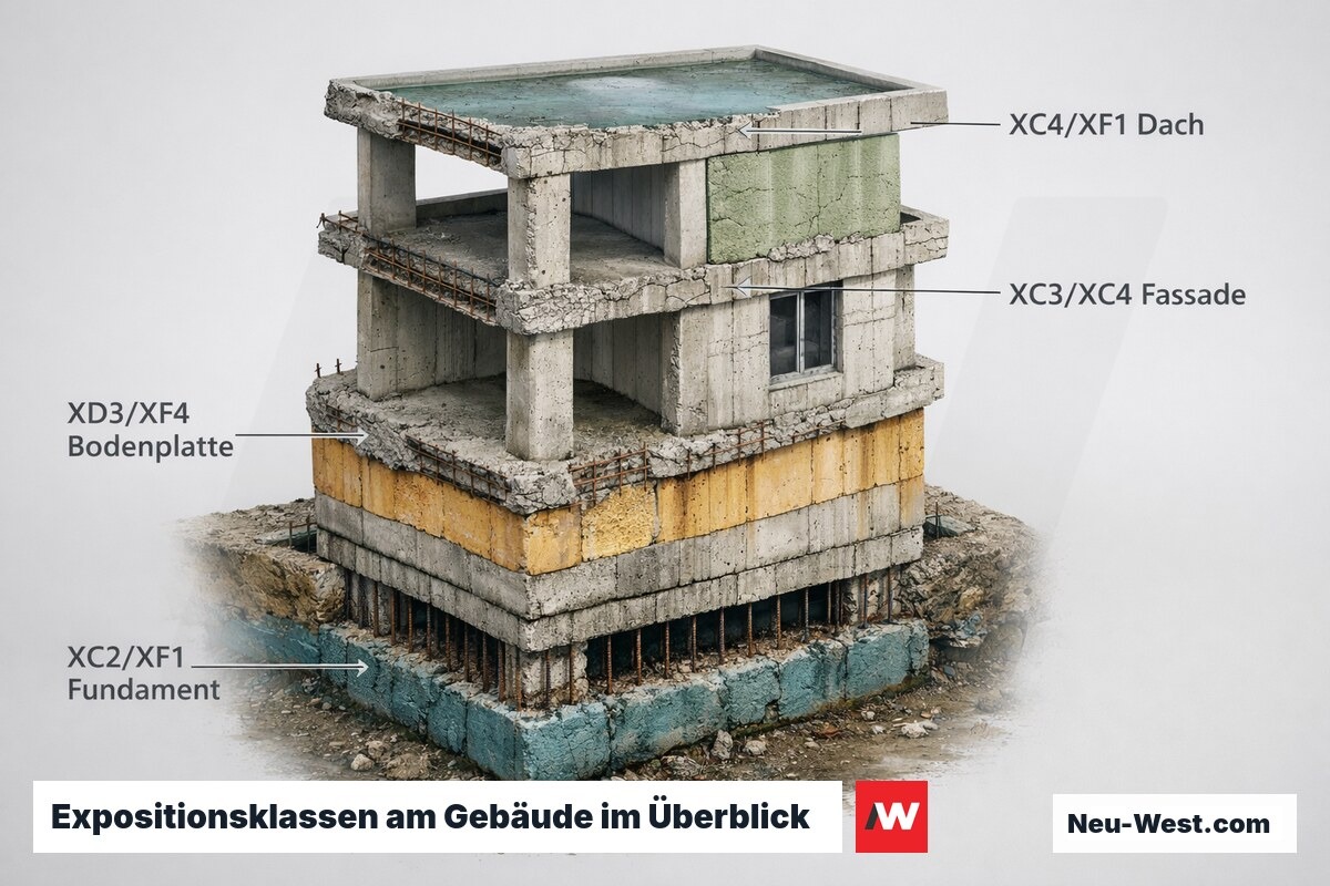 Gebäudeschnitt zeigt vier Expositionszonen von Fundament bis Dach mit typischen Betonklassen und Umwelteinflüssen