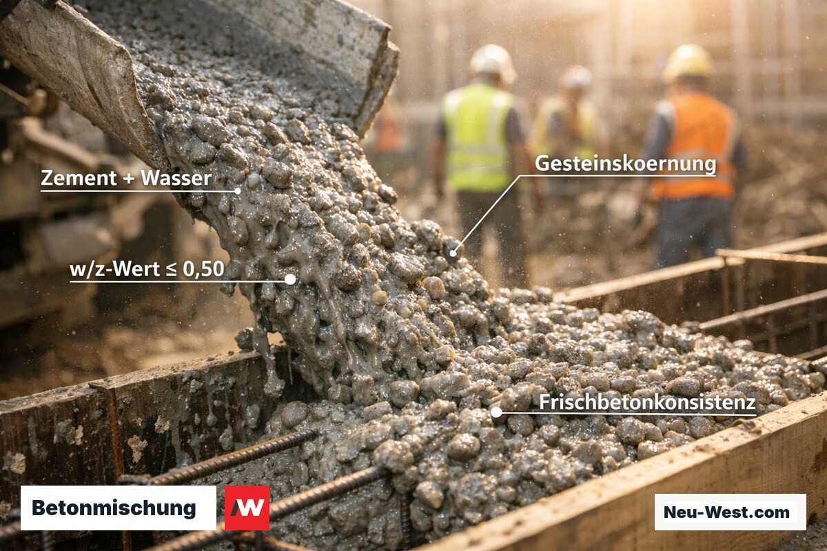 Frischbeton wird auf Berliner Baustelle in Schalung gegossen, Zuschlagstoffe und Zementleim im Makro sichtbar