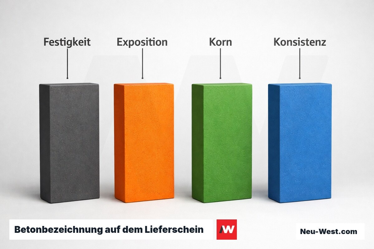 Betonbezeichnung auf dem Lieferschein: C25/30 XC2 D16 F3 – Erklär-Grafik (NEUWEST Berlin)