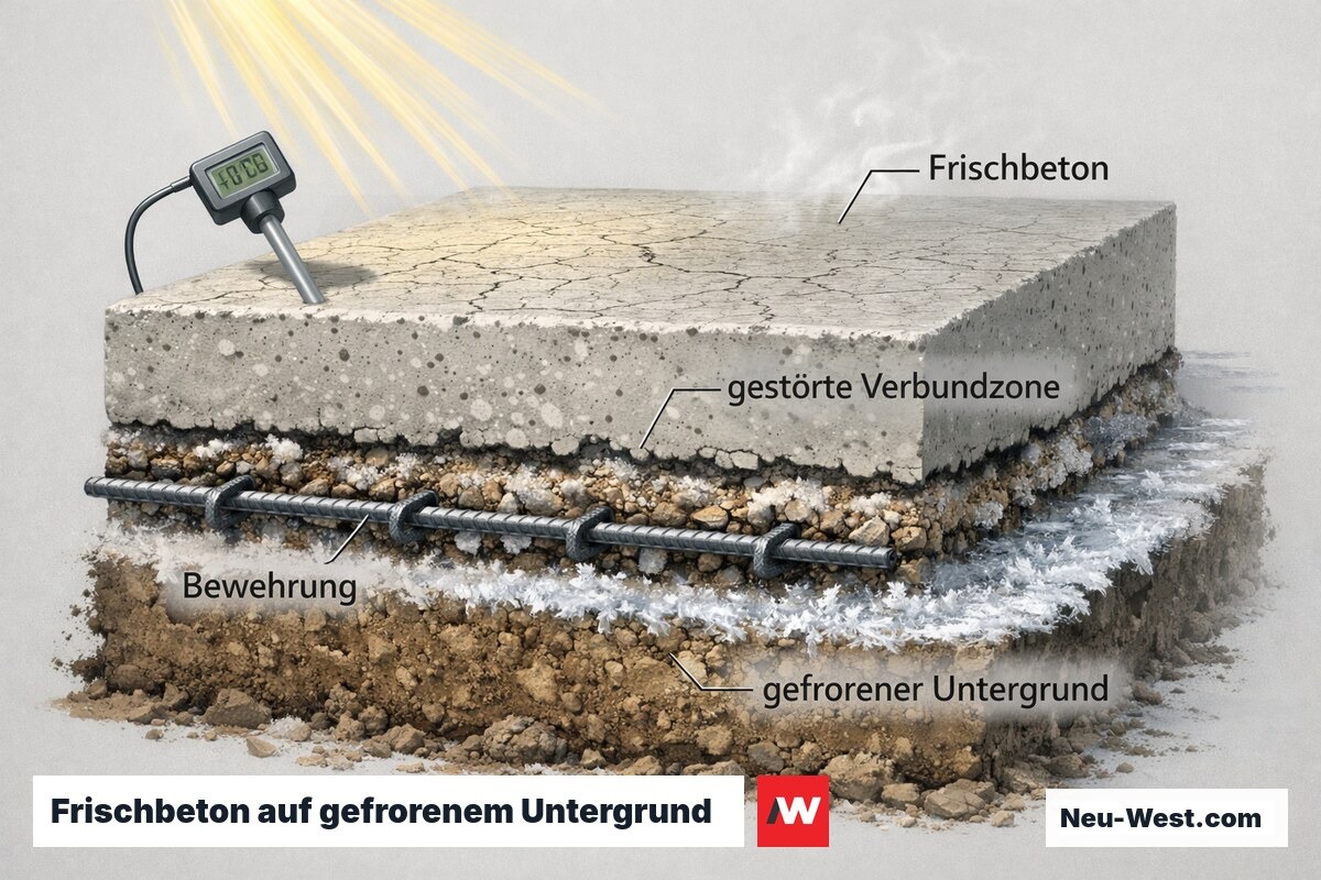 Querschnitt: Frischbeton auf gefrorenem Boden mit gestörter Verbundzone, Bewehrung und Hitzestress an der ausgetrockneten Oberfläche.