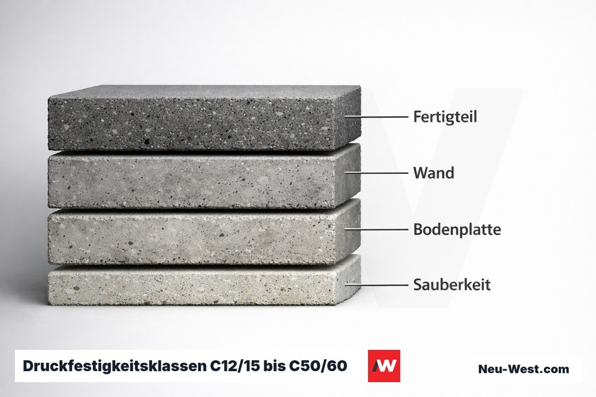 Druckfestigkeitsklassen C12/15 bis C50/60: typische Anwendungen – Erklär-Grafik (NEUWEST Berlin)