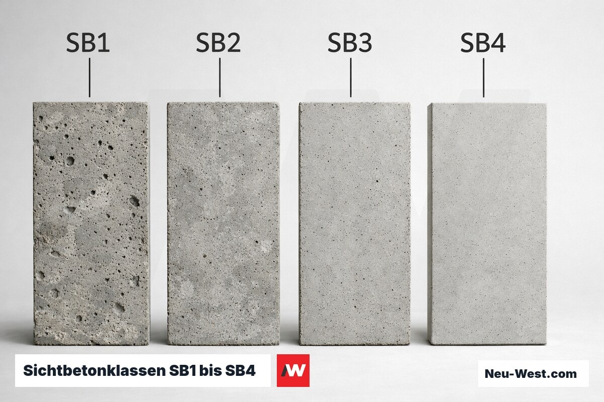 Sichtbetonklassen SB1 bis SB4 nach DBV-Merkblatt Sichtbeton – Erklär-Grafik (NEUWEST Berlin)
