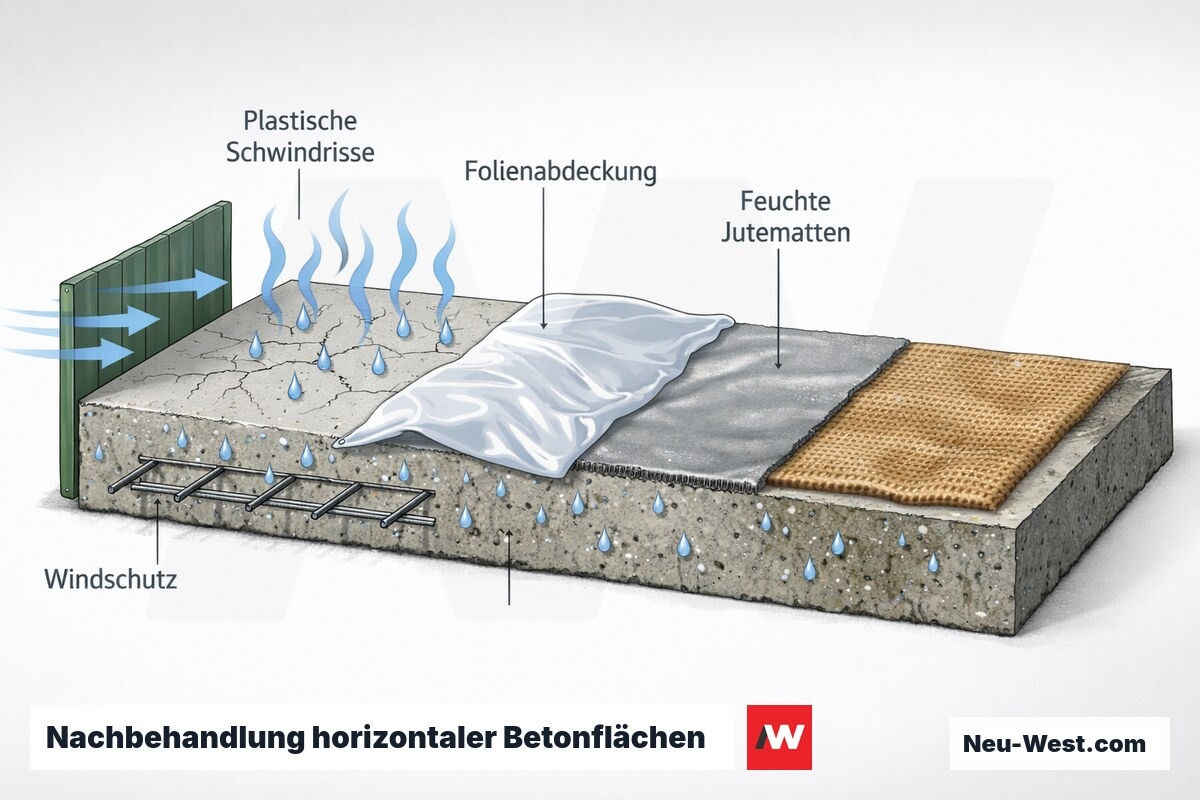 Querschnitt einer frischen Betonplatte mit Schwindrissen, Folien- und Jutematten-Abdeckung, Curing-Compound und Windschutz gegen Verdunstung.