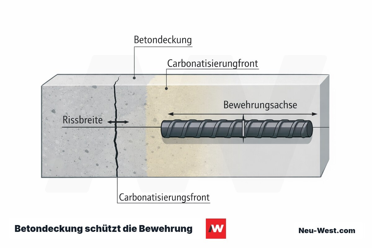 Betonquerschnitt mit vordringender Carbonatisierungsfront, Betondeckung, Bewehrungsstab und einem Riss zur Veranschaulichung der Dauerhaftigkeitsbemessung.