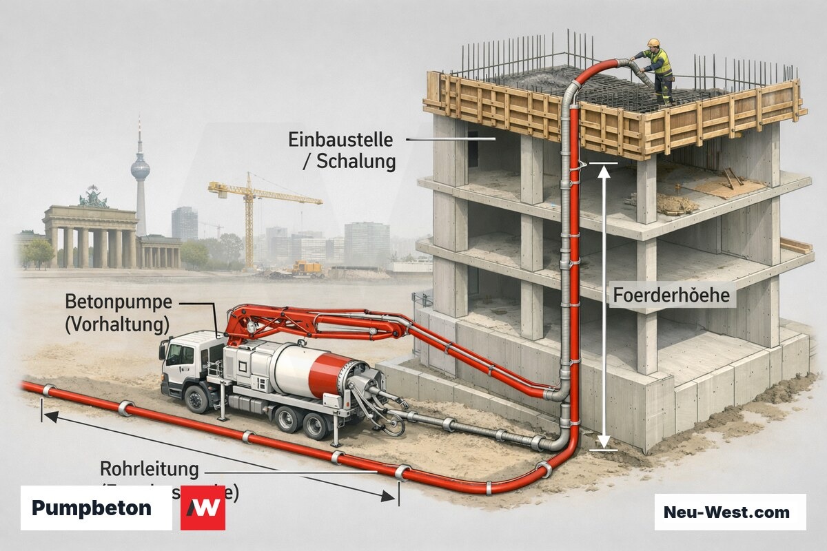 Querschnitt einer Betonpumpe mit Rohrleitung entlang der Baustelle und Förderhöhe zur Einbaustelle im Rohbau.