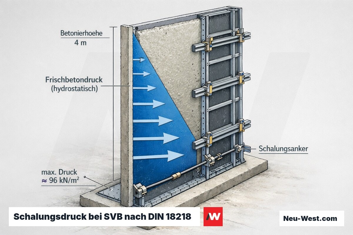 Querschnitt einer 4 m hohen SVB-Wand mit dreieckiger hydrostatischer Druckverteilung, Schalungsankern und maximalem Frischbetondruck von rund 96 kN/m² am Wandfuß.