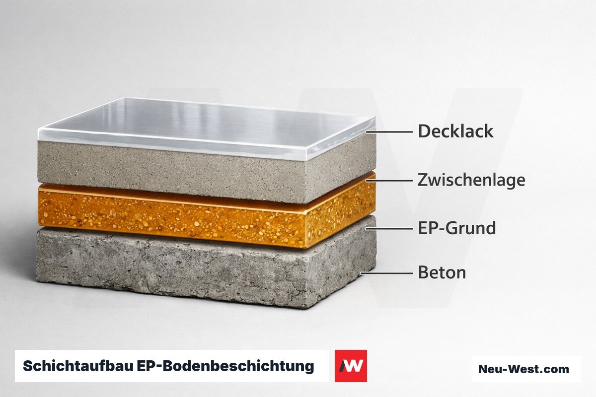 Schichtaufbau EP-Bodenbeschichtung: Funktionslagen und Schichtdicken – Erklär-Grafik (NEUWEST Berlin)