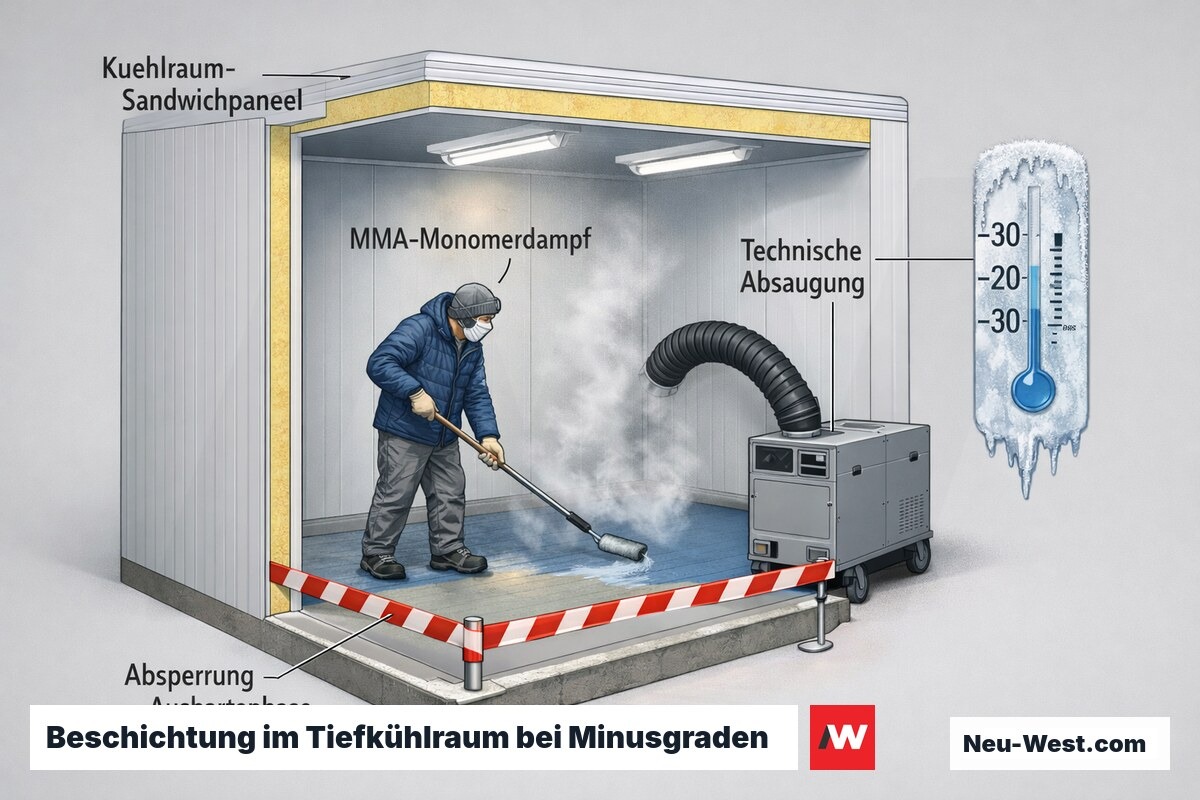 Querschnitt eines Tiefkühlraums bei Beschichtung: PMMA-Bodenauftrag, technische Absaugung des MMA-Dampfs und Absperrung während der Aushärtephase.